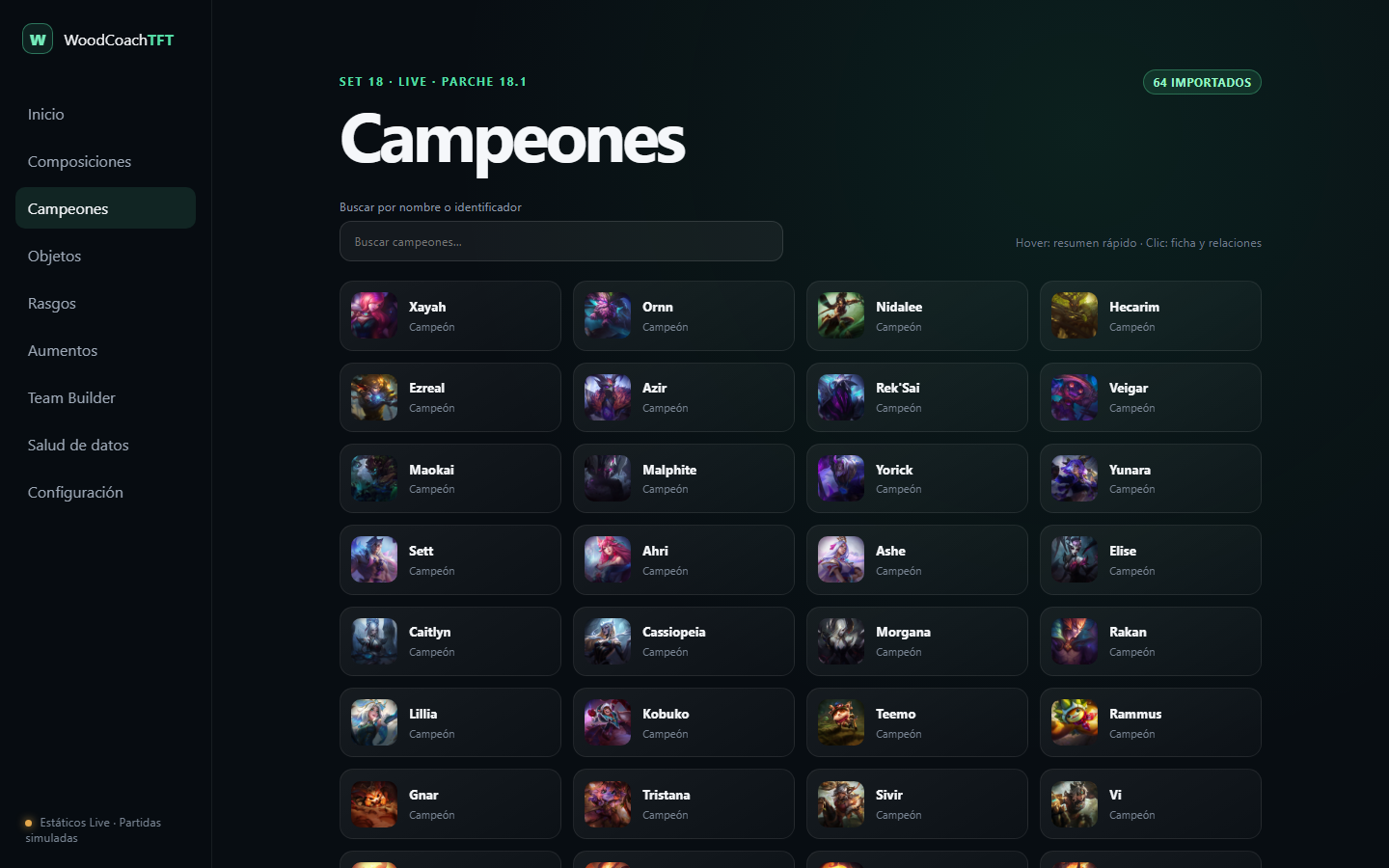 Actual WoodCoachTFT prototype: a dark champion catalog with searchable unit cards and navigation to items, traits and augments
